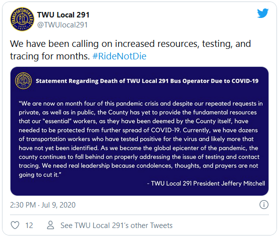 Statement regarding death of TWU Local 291 Bus Operator due to Covid 19