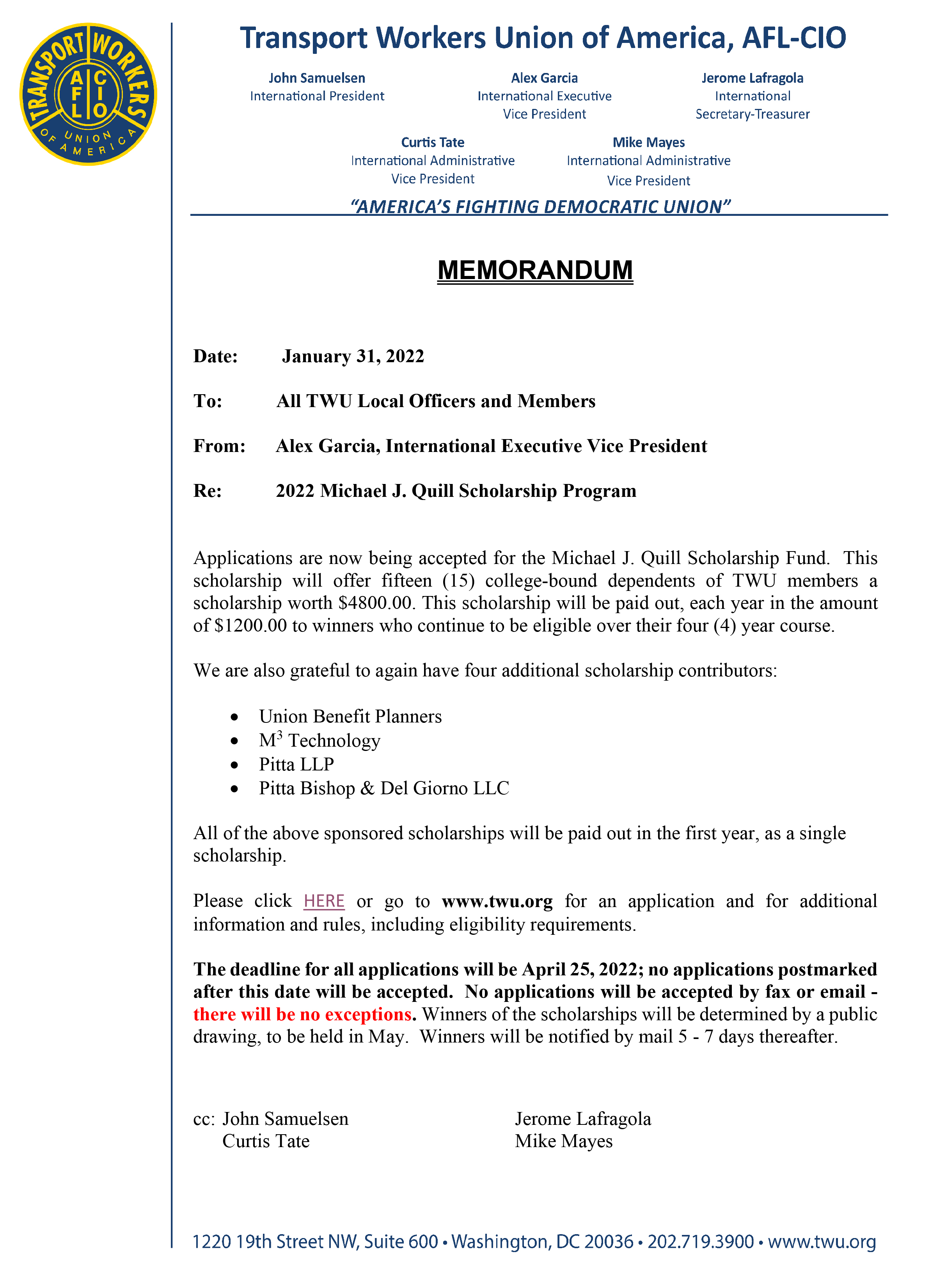 2022 Michael J Quill Scholarship Program